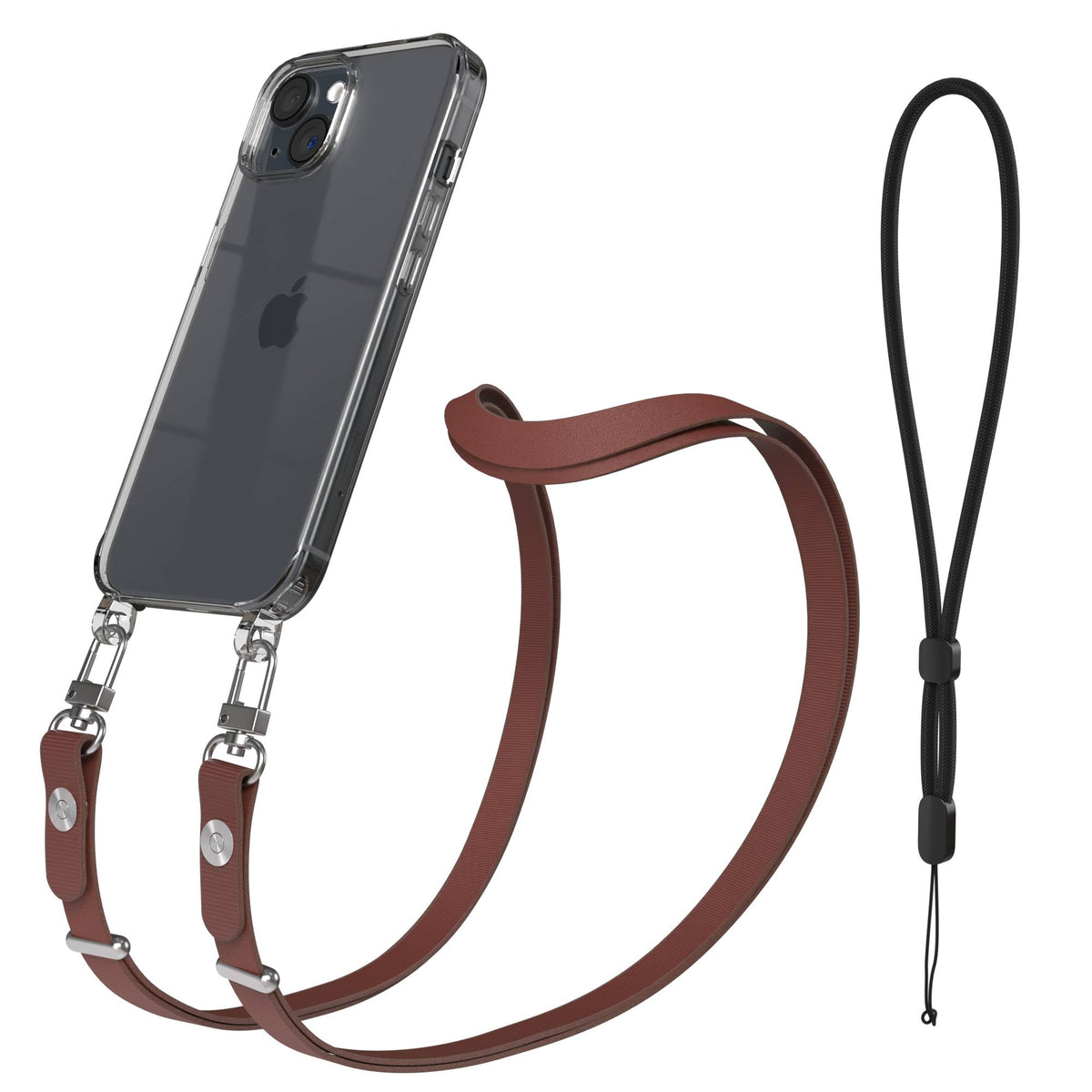 Apple iPhone 15 MagSafe Hülle mit magnetischem Crossbody-Umhängegurt Set #farbe_braun-magsafe-funktion-ohne-magsafe