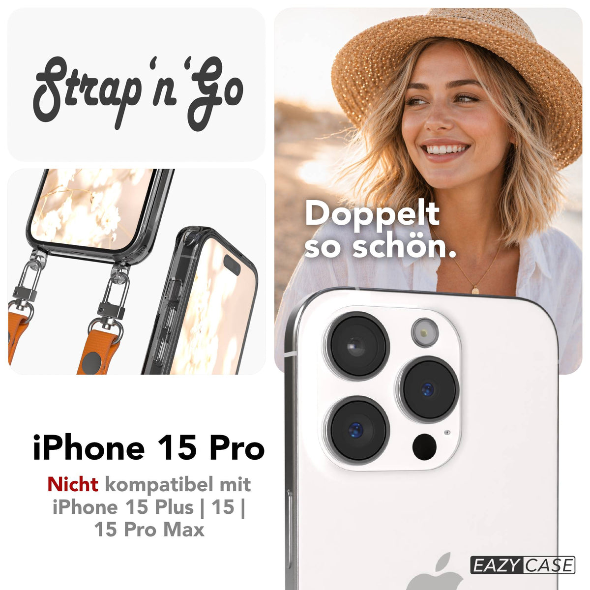 iPhone 15 Pro MagSafe Hülle mit magnetischer Crossbody Handykette von EAZY CASE #farbe_orange-magsafe-funktion-ohne-magsafe