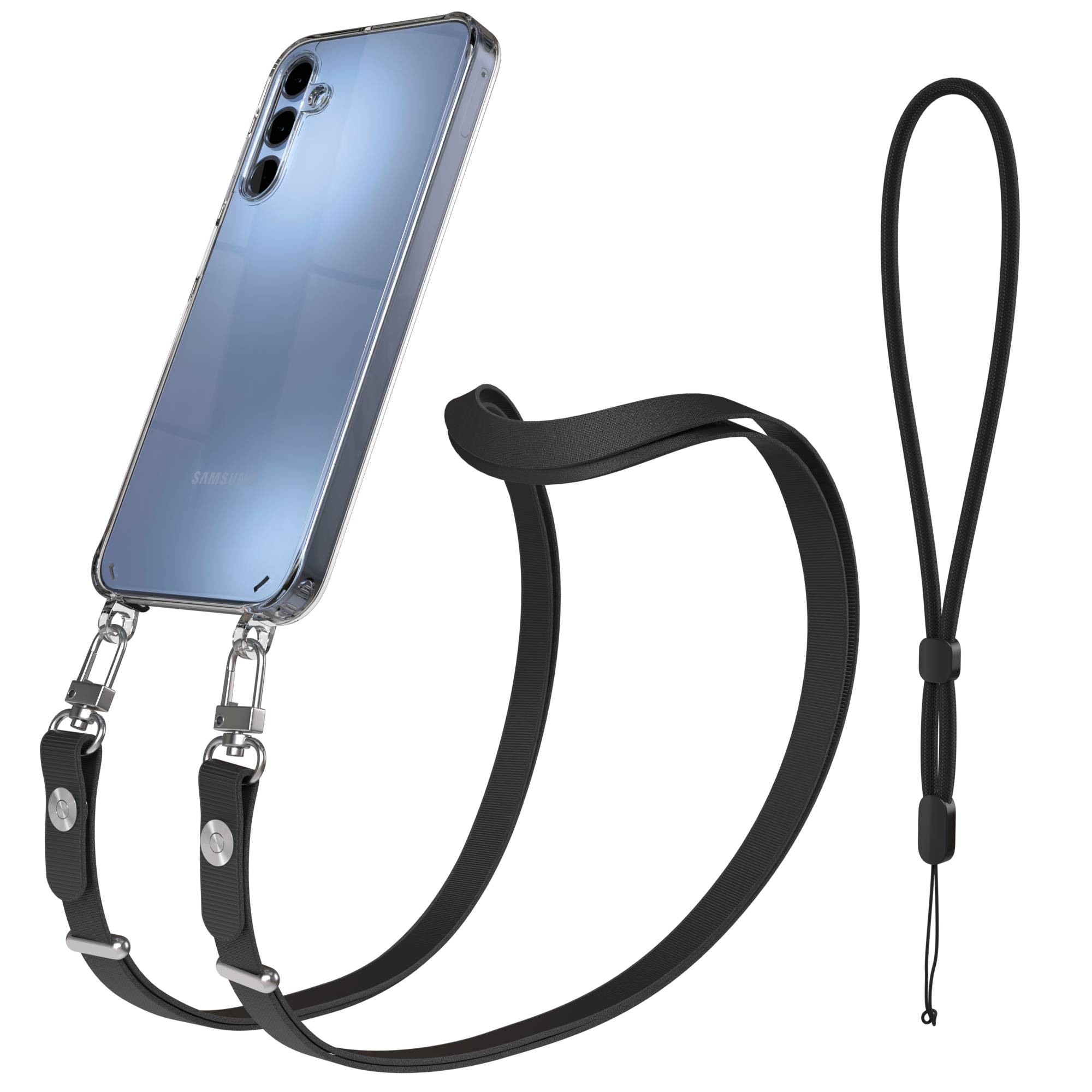 Samsung Galaxy A15 Schutzhülle mit magnetisch verstellbarem Crossbody Umhängeband #farbe_schwarz