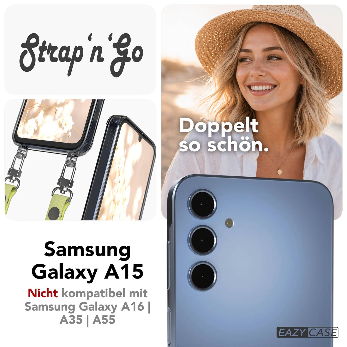 Samsung Galaxy A15 Schutzhülle mit magnetisch verstellbarem Crossbody Umhängeband
