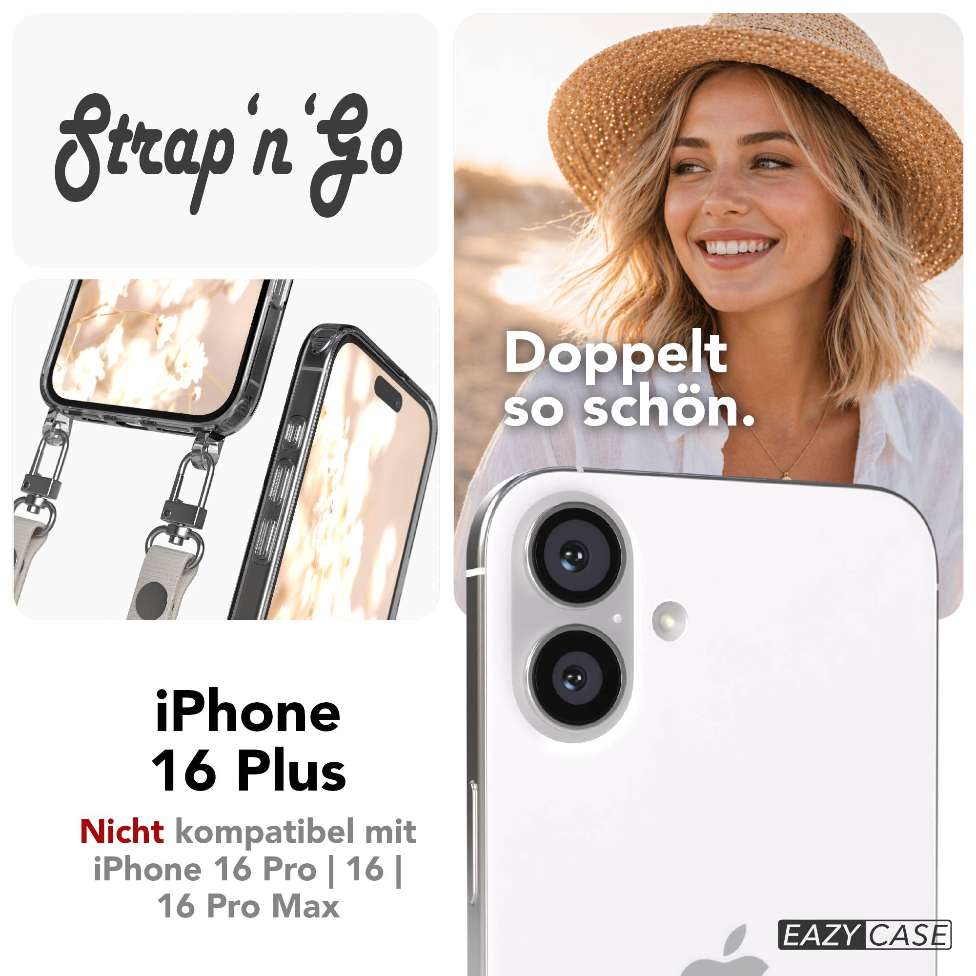 iPhone 16 Plus MagSafe Hülle mit magnetischem Crossbody-Umhängeband von EAZY CASE #farbe_taupe-magsafe-funktion-mit-magsafe