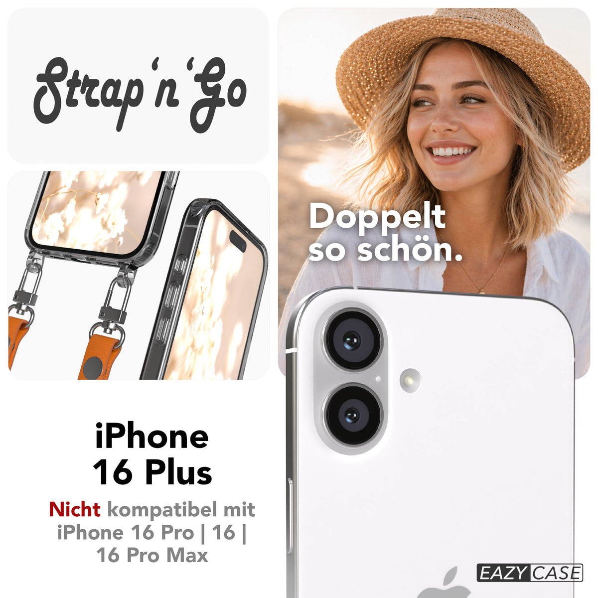 iPhone 16 Plus MagSafe Hülle mit magnetischem Crossbody-Umhängeband von EAZY CASE #farbe_orange-magsafe-funktion-ohne-magsafe