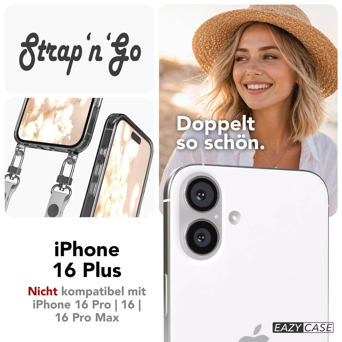 iPhone 16 Plus MagSafe Hülle mit magnetischem Crossbody-Umhängeband von EAZY CASE #farbe_grau-magsafe-funktion-ohne-magsafe