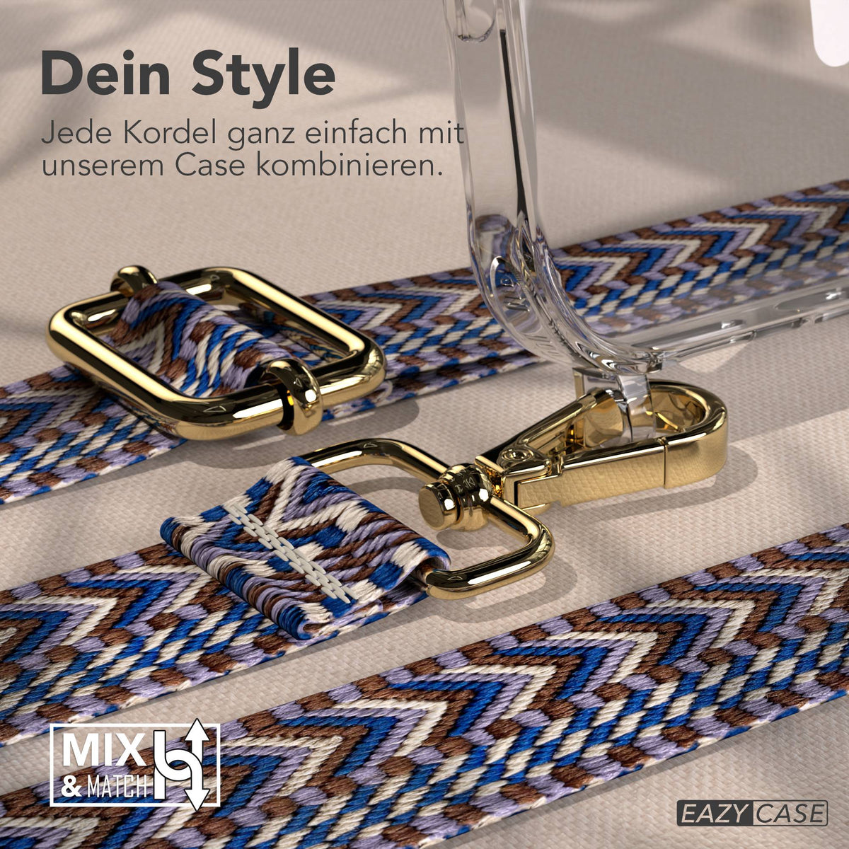 EAZY CASE MagSafe Handykette mit Boho Band für iPhone 17 Pro Max #farbe_blau-weis-metallfarbe-gold