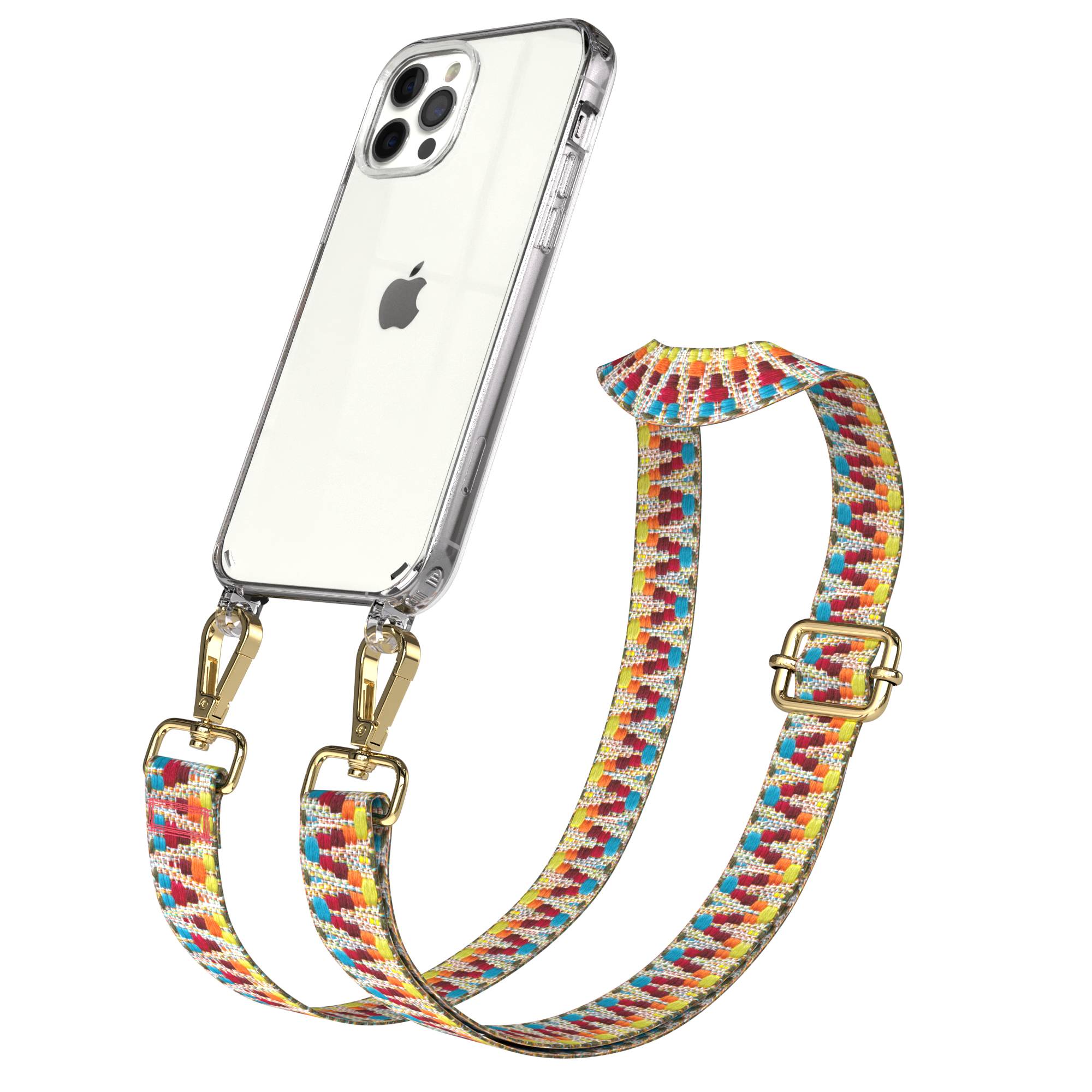 iPhone 12 Pro Handykette mit Boho Band und Metallapplikationen 