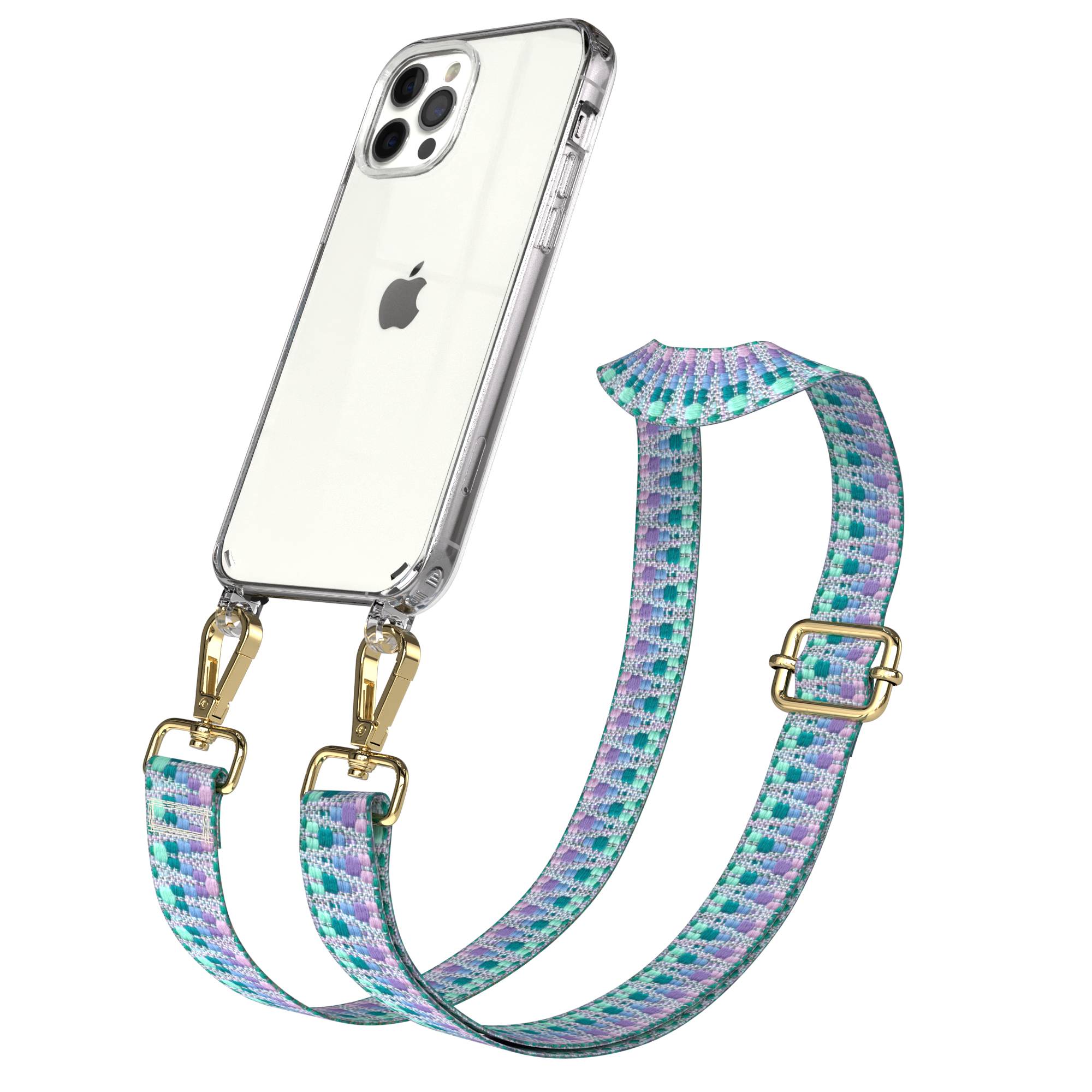 iPhone 12 Pro Handykette mit Boho Band und Metallapplikationen 