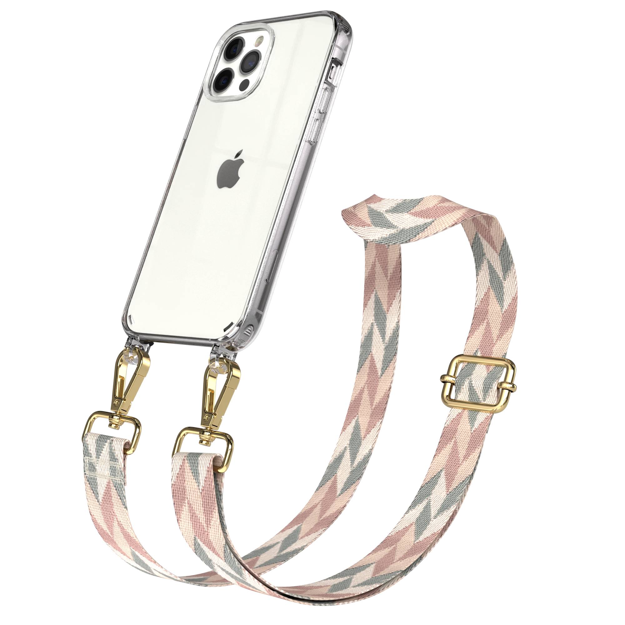 iPhone 12 Pro Handykette mit Boho Band und Metallapplikationen 