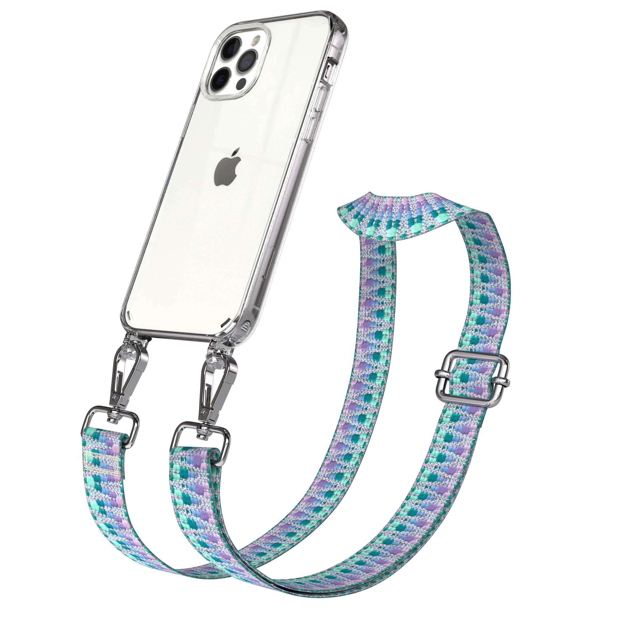 iPhone 12 Pro Handykette mit Boho Band und Metallapplikationen 
