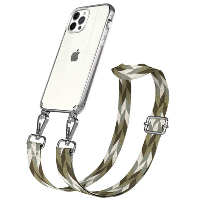 iPhone 12 Pro Handykette mit Boho Band und Metallapplikationen 