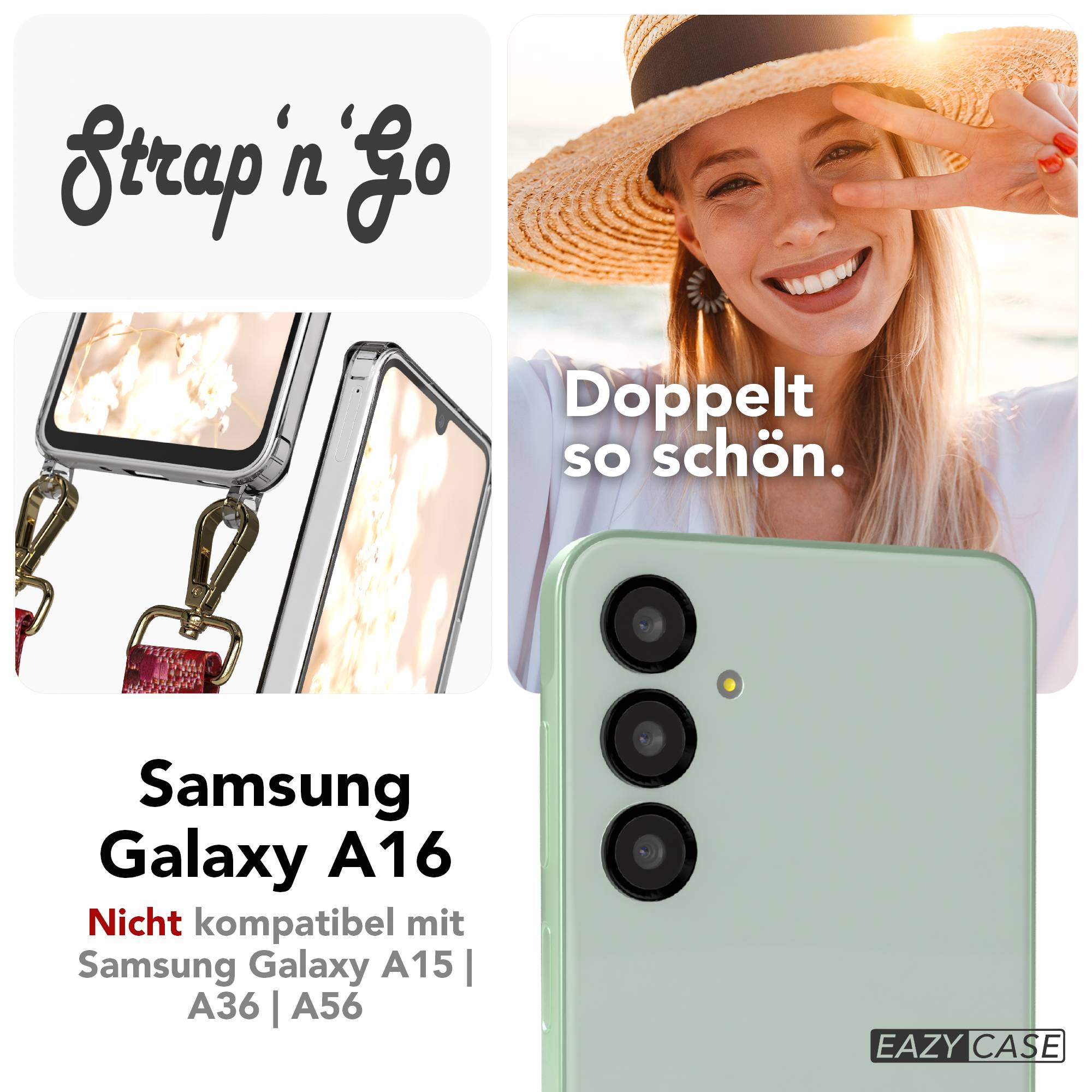 Samsung Galaxy A16 Handykette mit Boho Band verstellbar EAZY CASE #farbe_beere-metallfarbe-gold