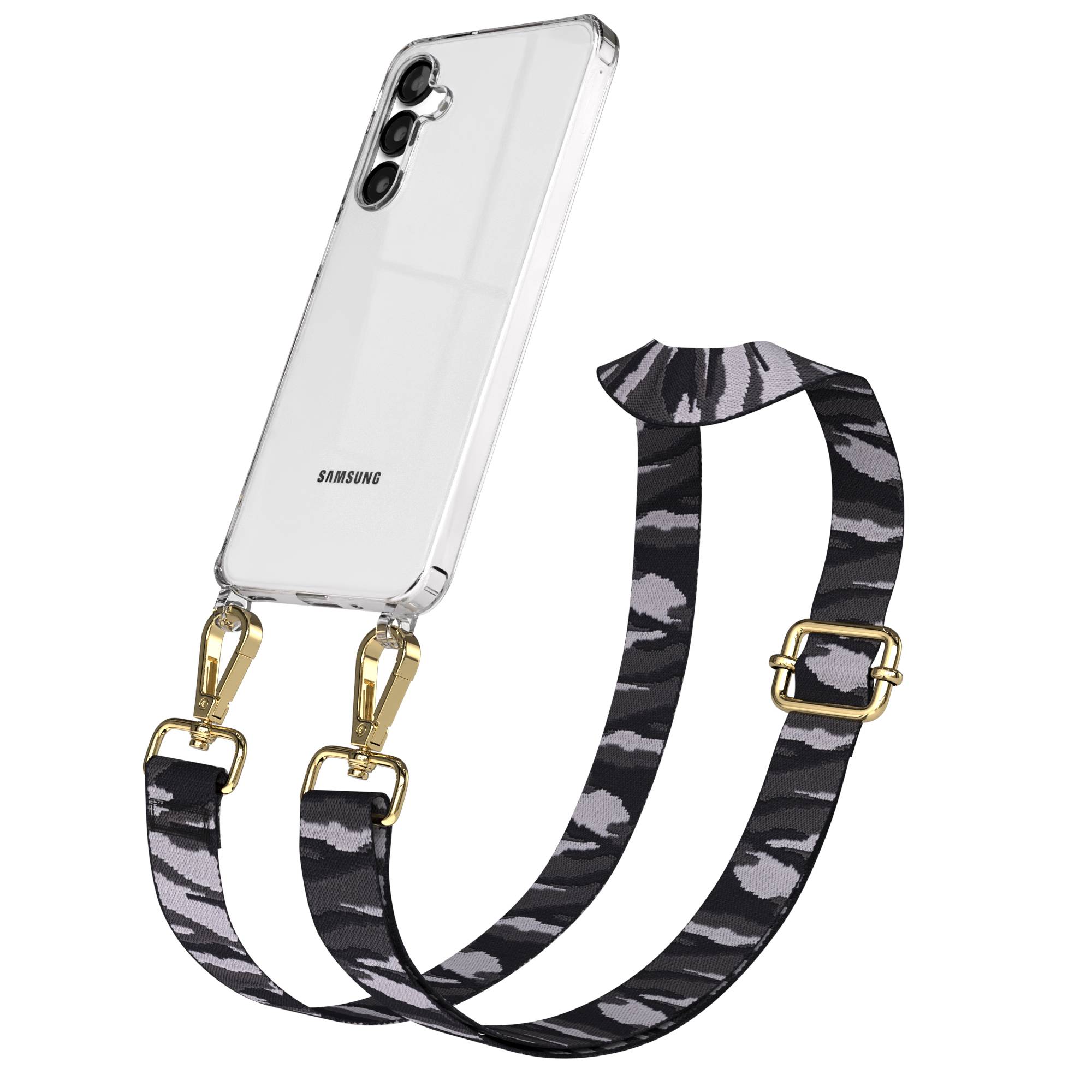 Samsung Galaxy A16 Handykette mit Boho Band verstellbar EAZY CASE #farbe_grau-camouflage-metallfarbe-gold