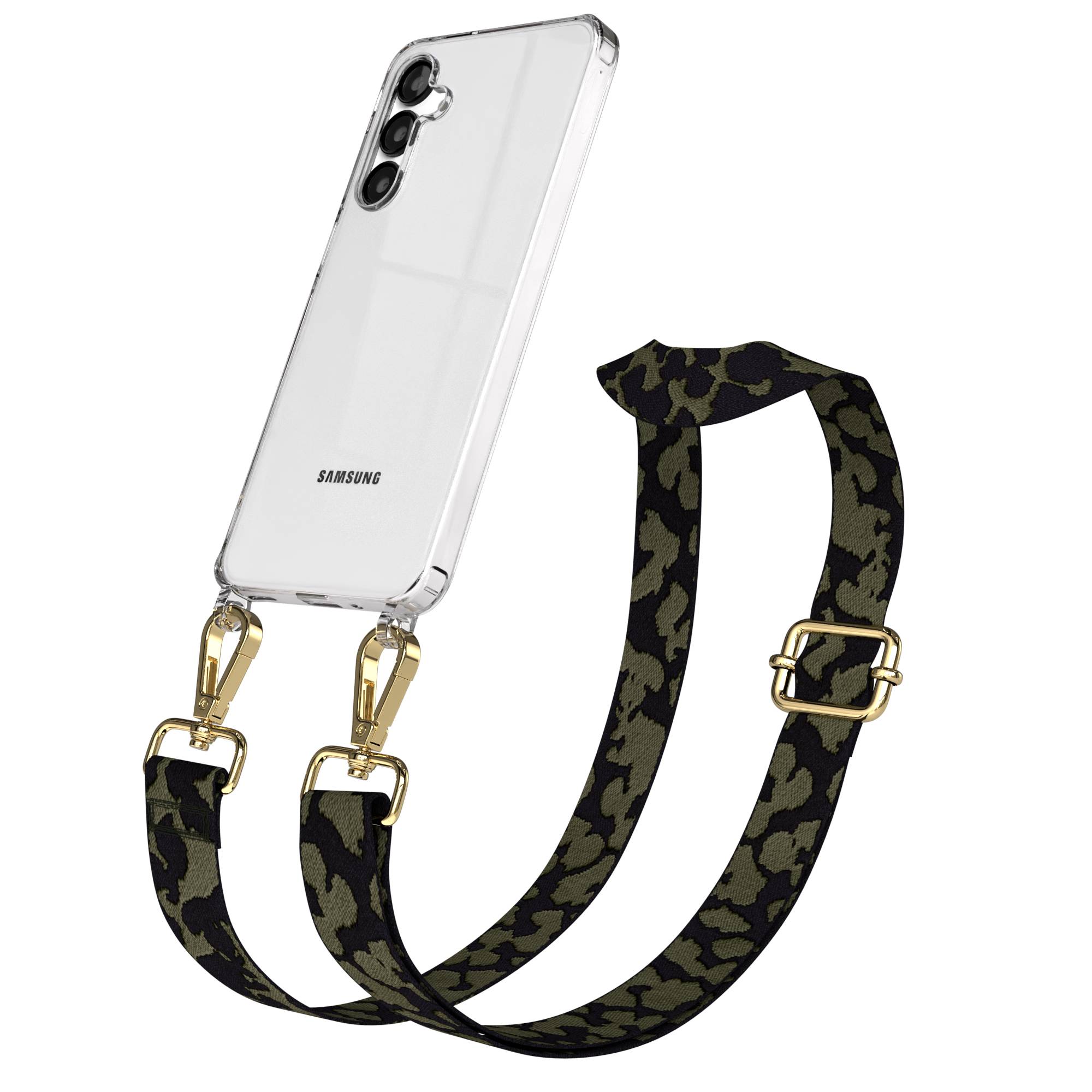 Samsung Galaxy A16 Handykette mit Boho Band verstellbar EAZY CASE #farbe_dunkelgrun-camouflage-metallfarbe-gold