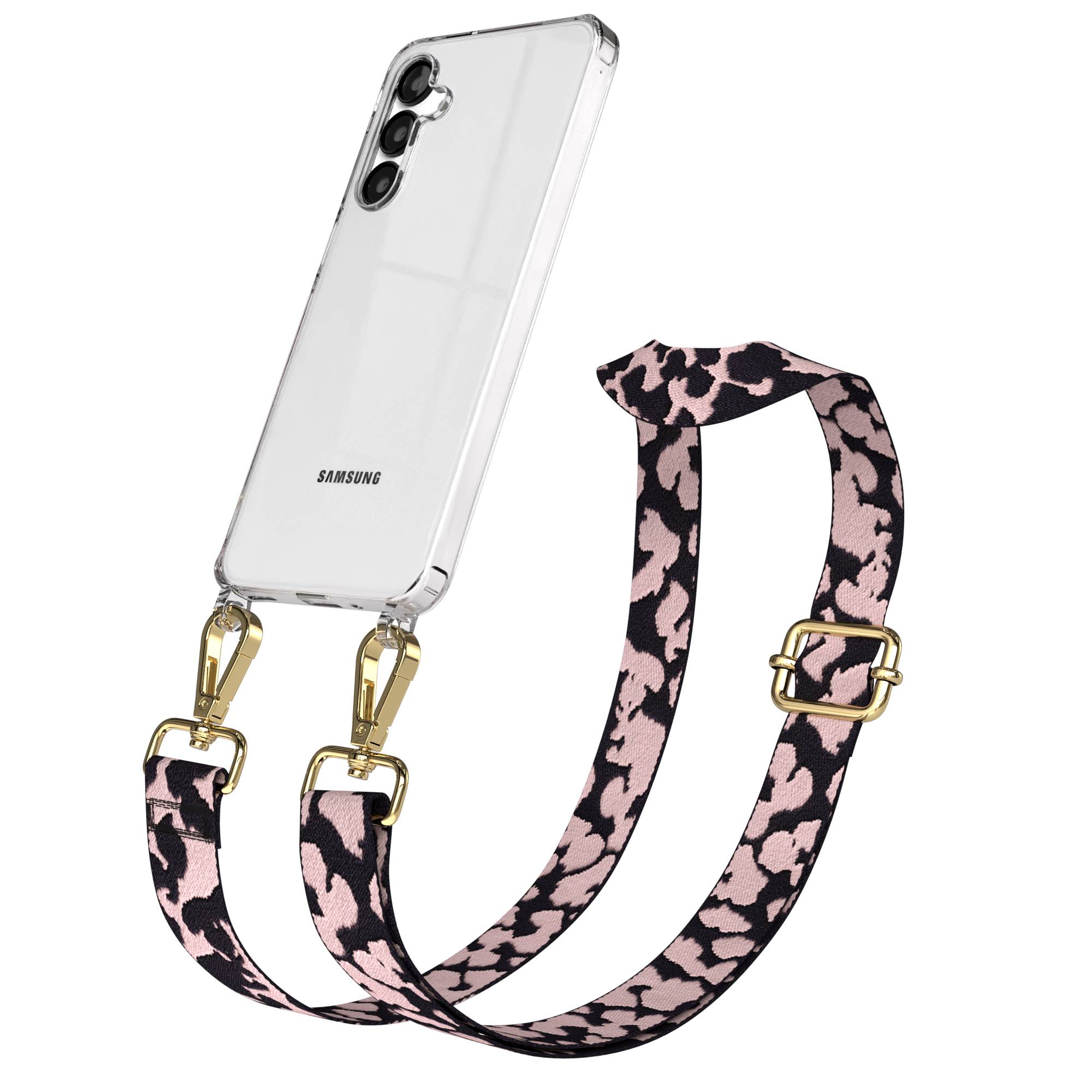 Samsung Galaxy A16 Handykette mit Boho Band verstellbar EAZY CASE #farbe_rosa-camouflage-metallfarbe-gold