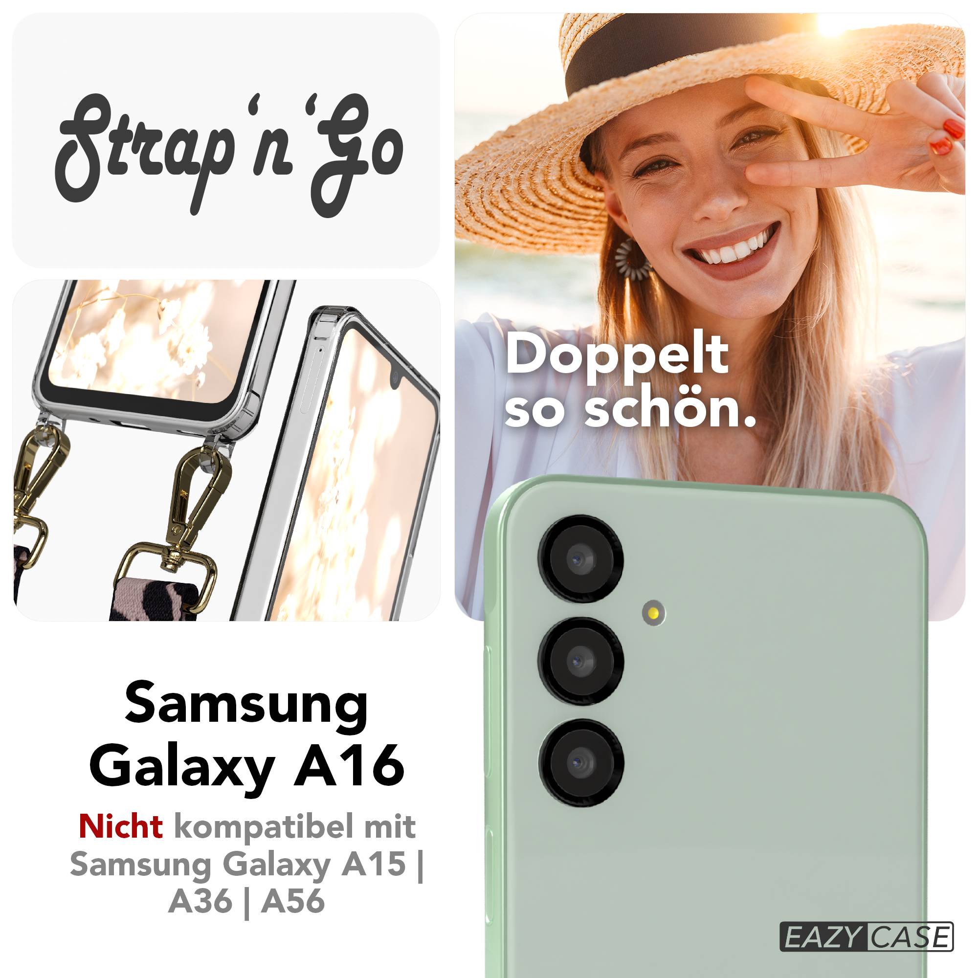 Samsung Galaxy A16 Handykette mit Boho Band verstellbar EAZY CASE #farbe_rosa-camouflage-metallfarbe-gold