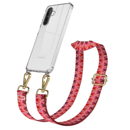 Samsung Galaxy A26 Handykette mit verstellbarem Trageriemen und Boho Band #farbe_beere-metallfarbe-gold