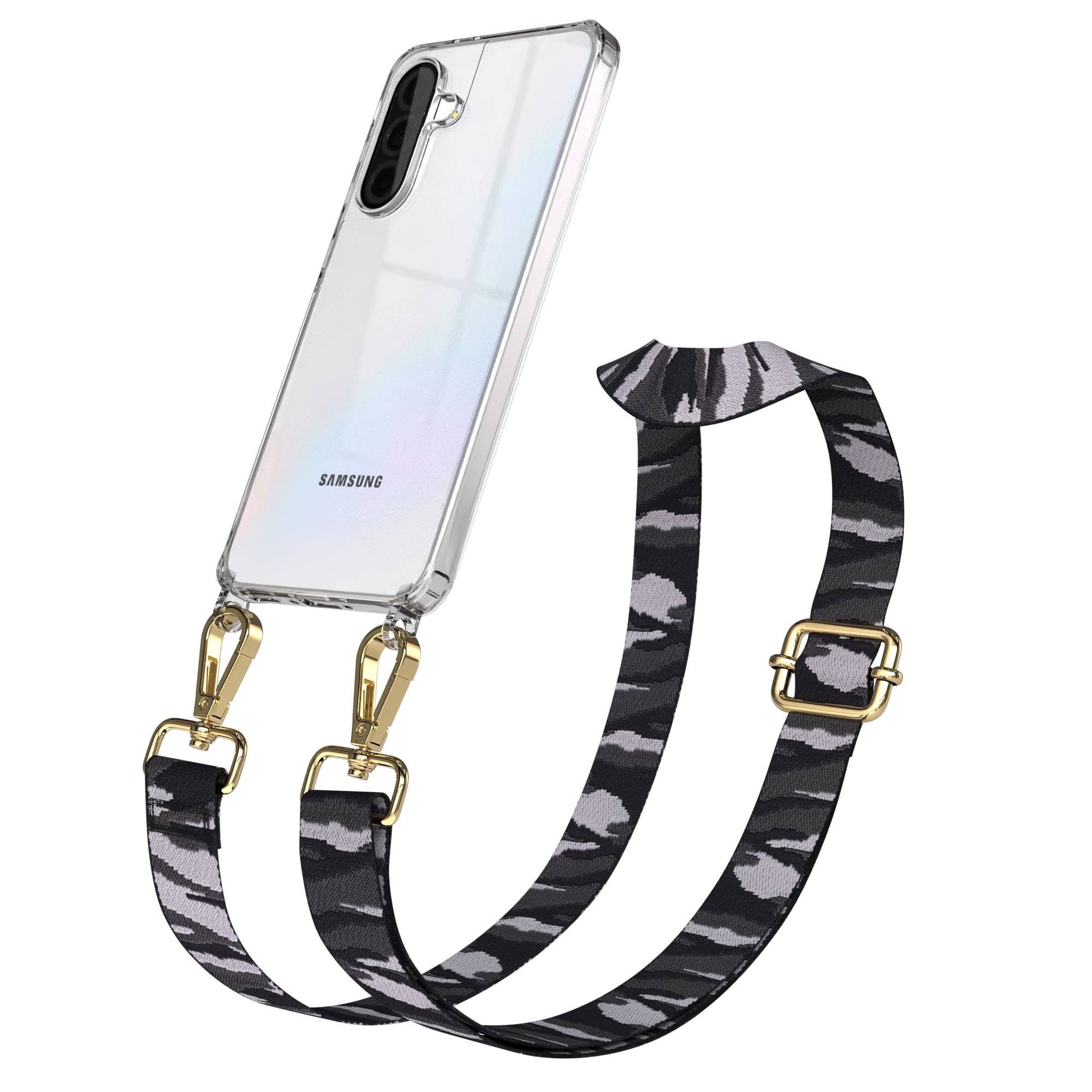 Samsung Galaxy A36 Handykette mit Boho Band verstellbar #farbe_grau-camouflage-metallfarbe-gold