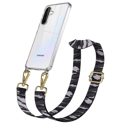 Samsung Galaxy A36 Handykette mit Boho Band verstellbar #farbe_grau-camouflage-metallfarbe-gold