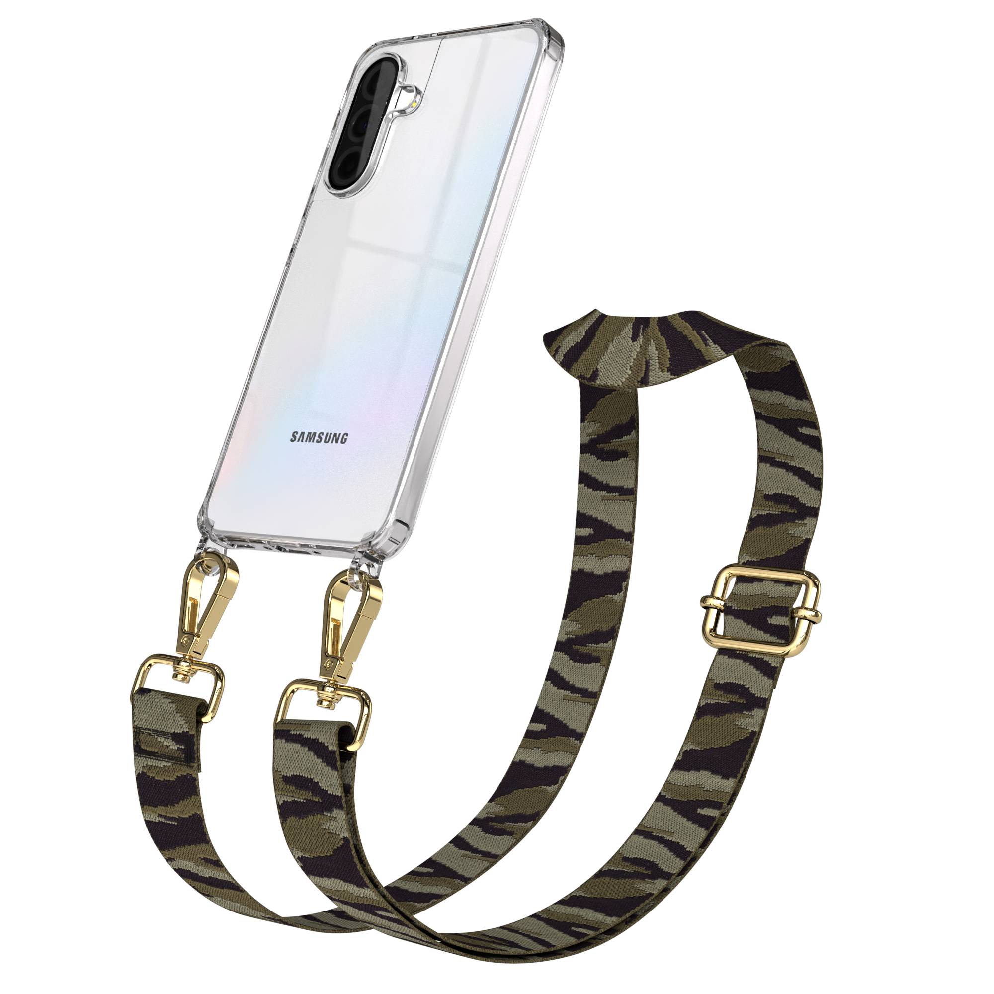Samsung Galaxy A36 Handykette mit Boho Band verstellbar #farbe_grun-camouflage-metallfarbe-gold