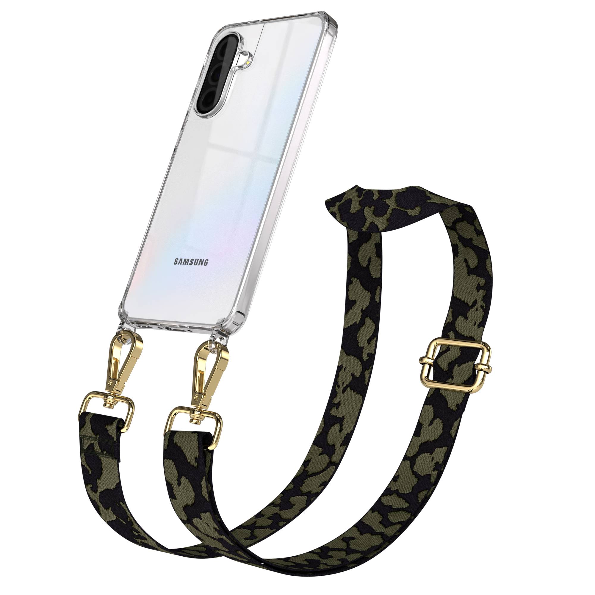 Samsung Galaxy A36 Handykette mit Boho Band verstellbar #farbe_dunkelgrun-camouflage-metallfarbe-gold