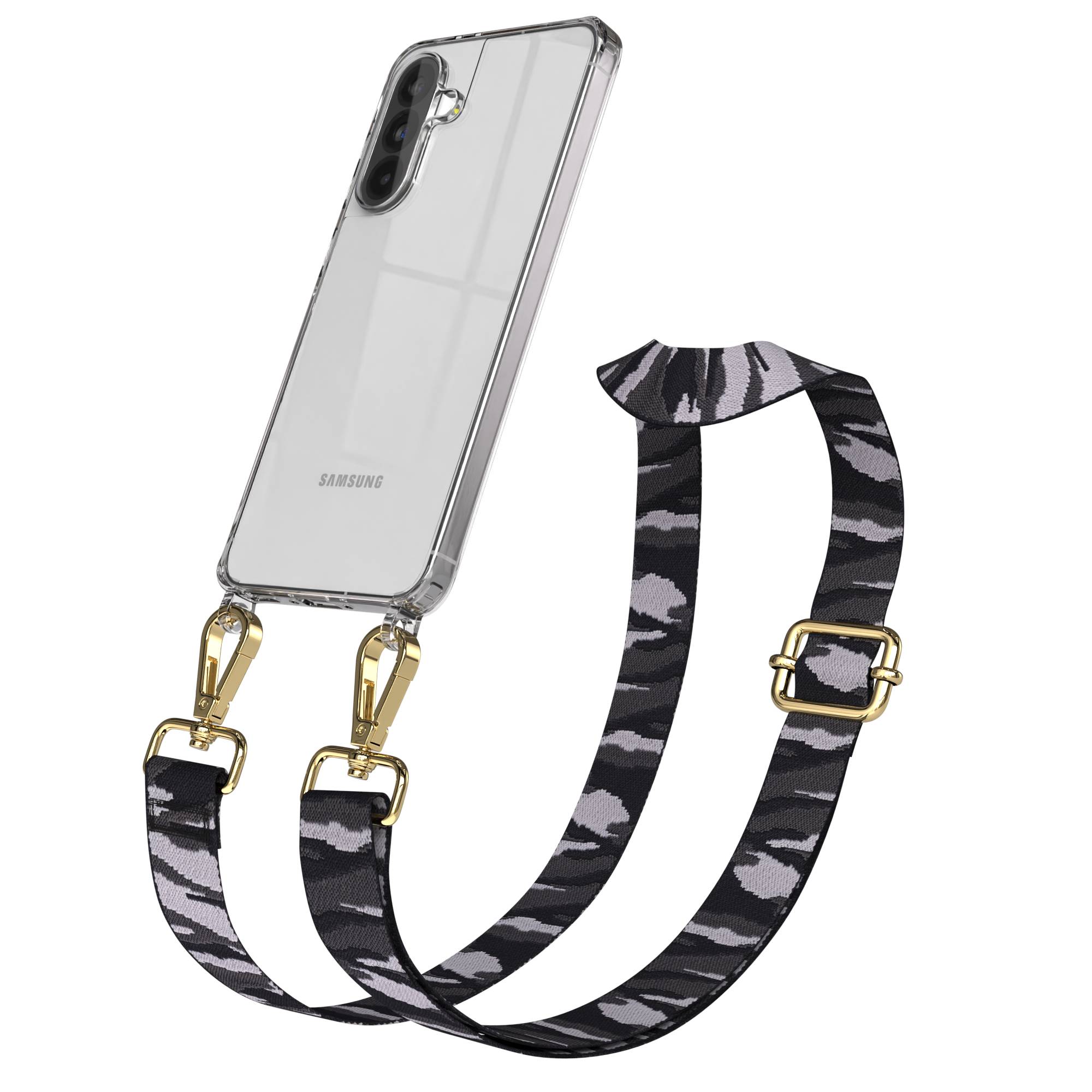 Samsung Galaxy A56 Handykette mit verstellbarem Boho Band Set #farbe_grau-camouflage-metallfarbe-gold