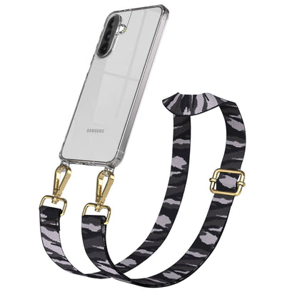 Samsung Galaxy A56 Handykette mit verstellbarem Boho Band Set #farbe_grau-camouflage-metallfarbe-gold