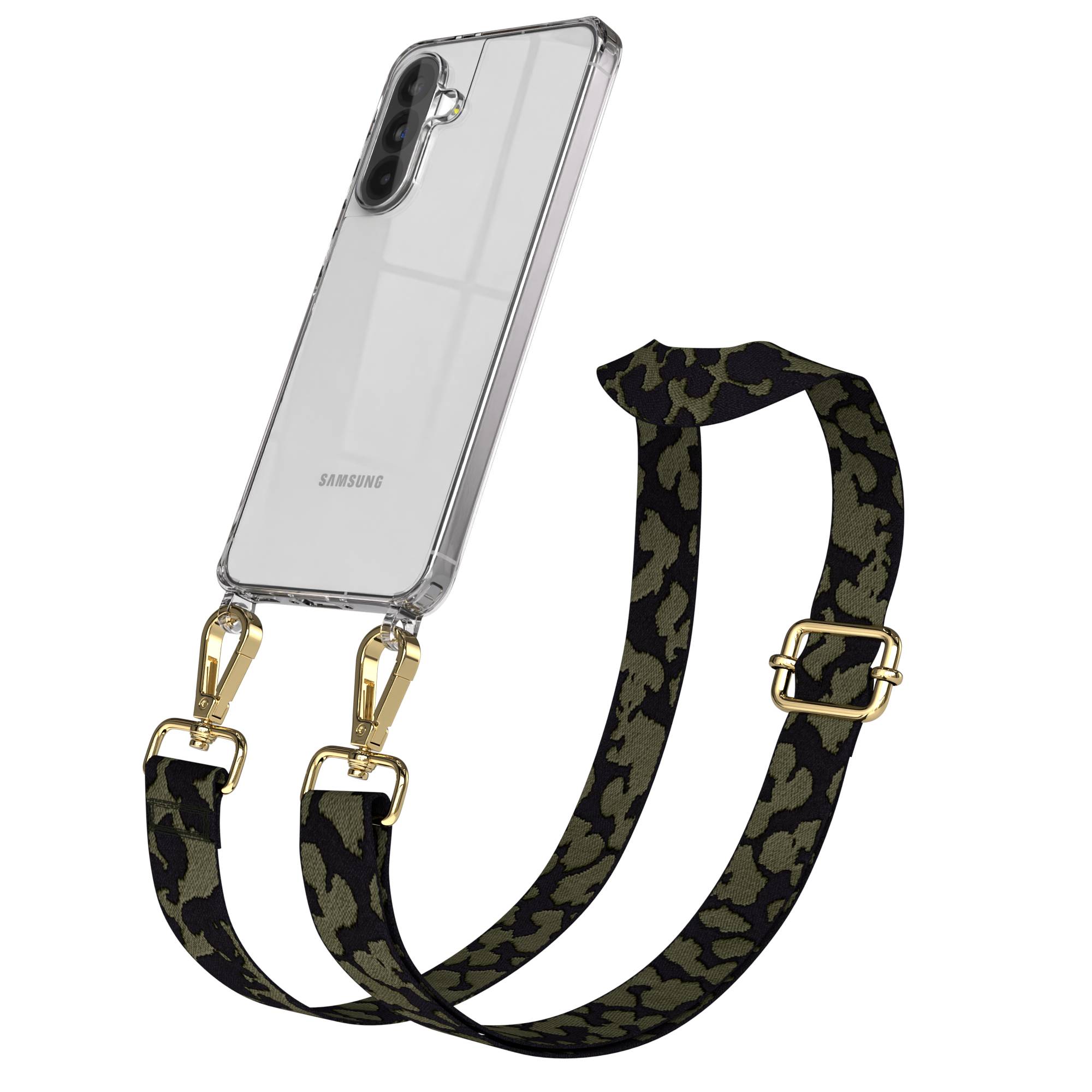 Samsung Galaxy A56 Handykette mit verstellbarem Boho Band Set #farbe_dunkelgrun-camouflage-metallfarbe-gold