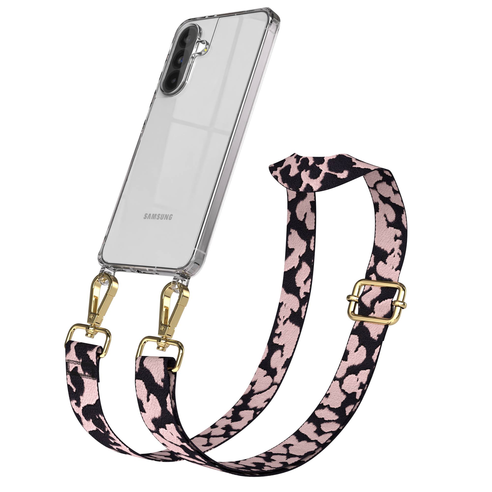 Samsung Galaxy A56 Handykette mit verstellbarem Boho Band Set #farbe_rosa-camouflage-metallfarbe-gold