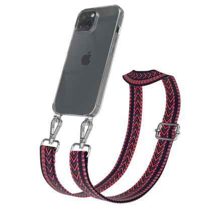 iPhone 15 Handykette mit verstellbarem Boho Band Tragegurt #farbe-band_pink-blau_metallfarbe-silber