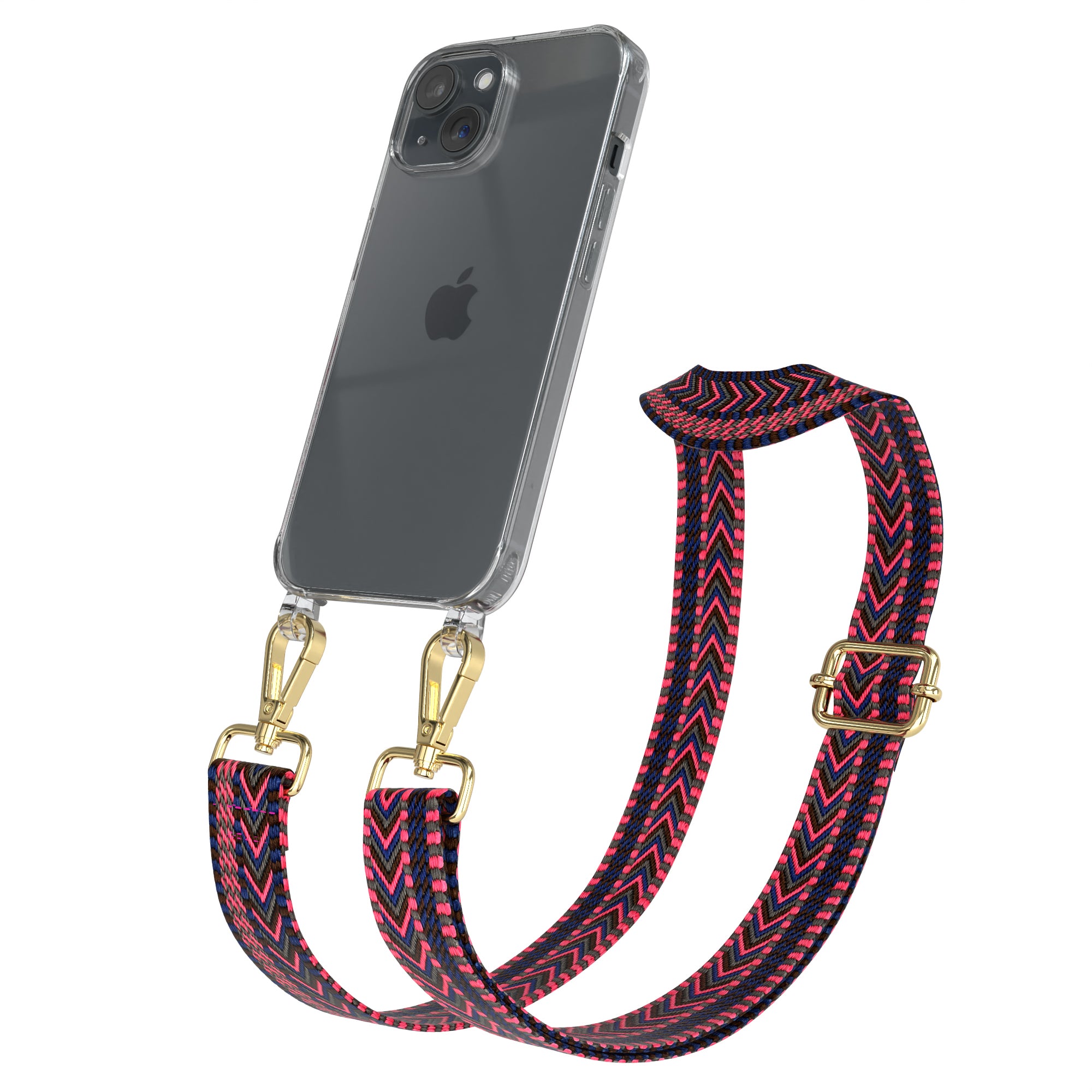 iPhone 15 Handykette mit verstellbarem Boho Band Tragegurt #farbe-band_pink-blau_metallfarbe-gold