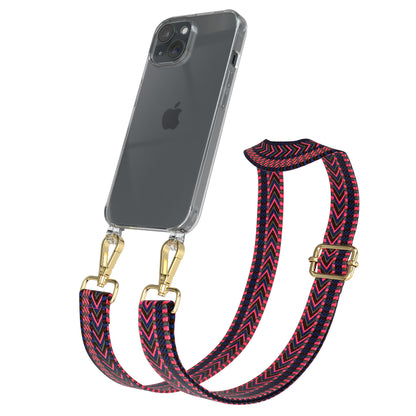 iPhone 15 Handykette mit verstellbarem Boho Band Tragegurt #farbe-band_pink-blau_metallfarbe-gold