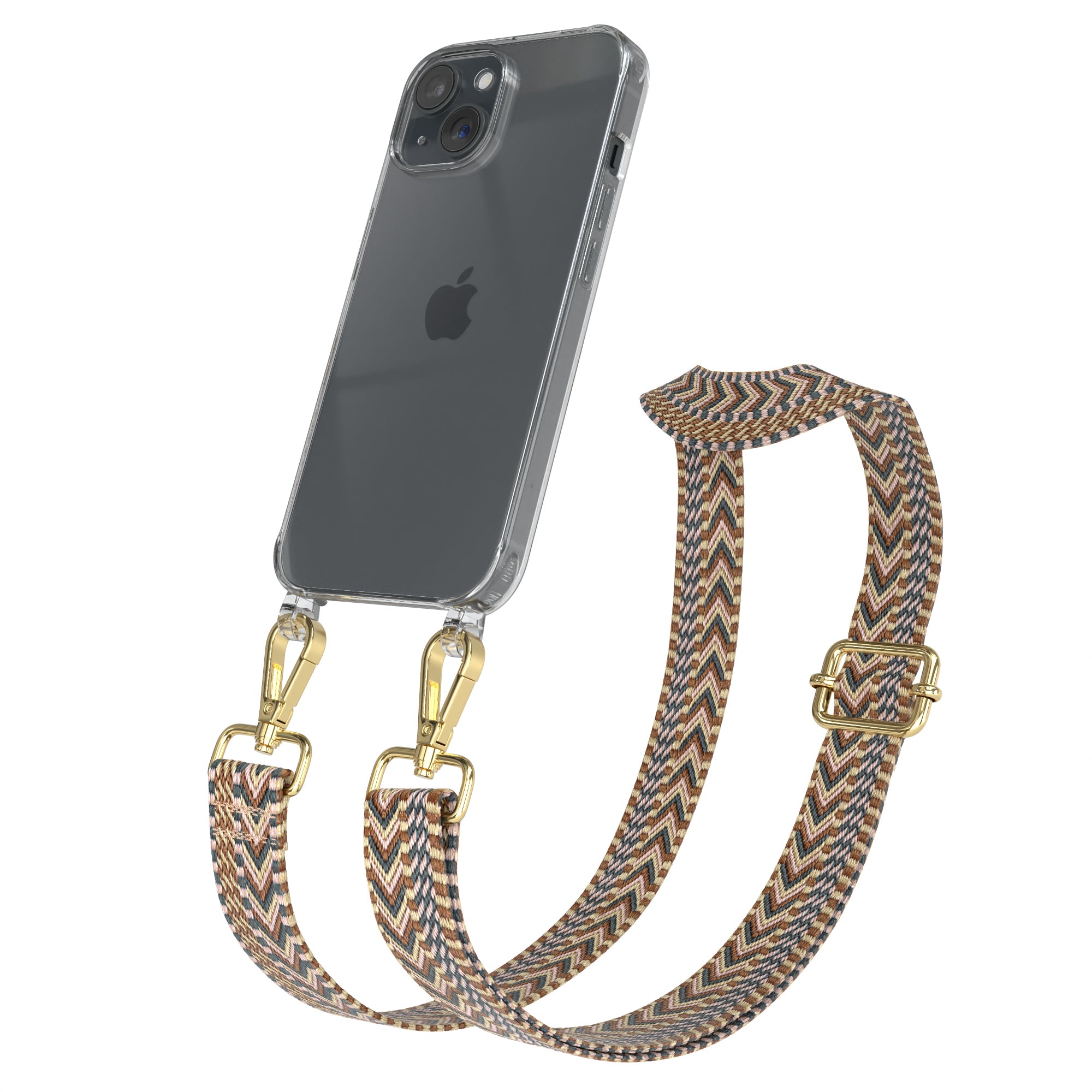 iPhone 15 Handykette mit verstellbarem Boho Band Tragegurt #farbe-band_hellbraun-braun_metallfarbe-gold