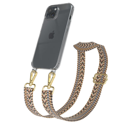 iPhone 15 Handykette mit verstellbarem Boho Band Tragegurt #farbe-band_hellbraun-braun_metallfarbe-gold