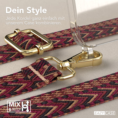 iPhone 15 Handykette mit verstellbarem Boho Band Tragegurt #farbe-band_rot-braun_metallfarbe-gold