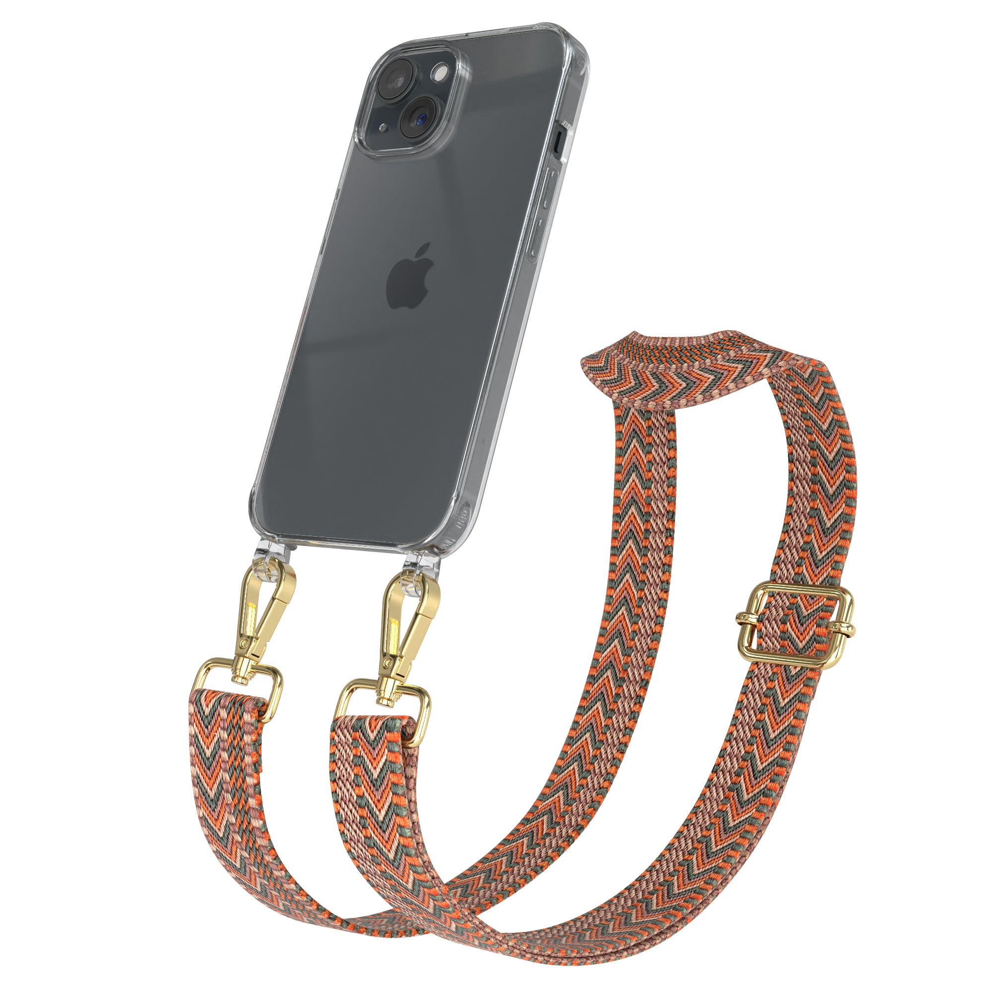 iPhone 15 Handykette mit verstellbarem Boho Band Tragegurt #farbe-band_orange-grun_metallfarbe-gold