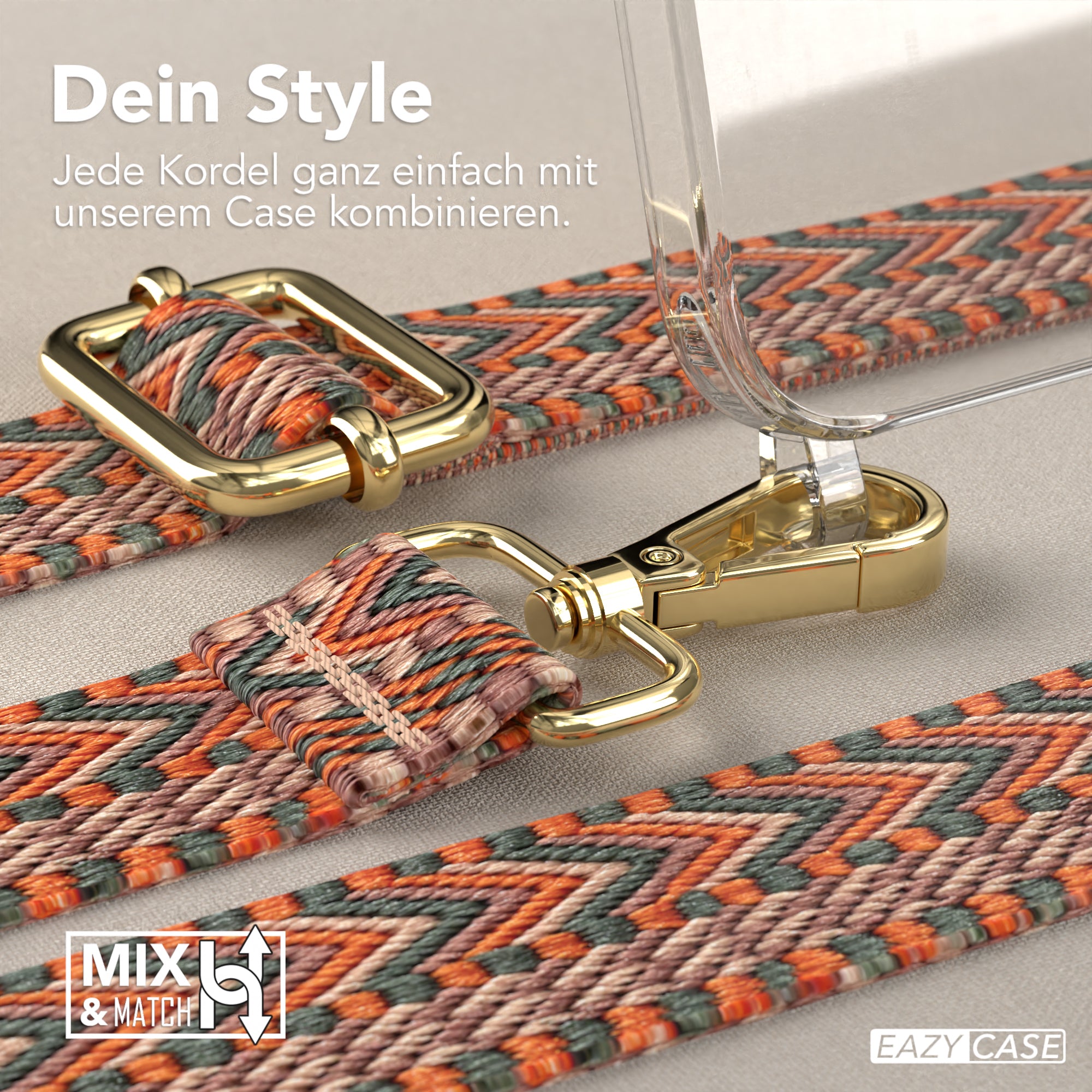 iPhone 15 Handykette mit verstellbarem Boho Band Tragegurt #farbe-band_orange-grun_metallfarbe-gold