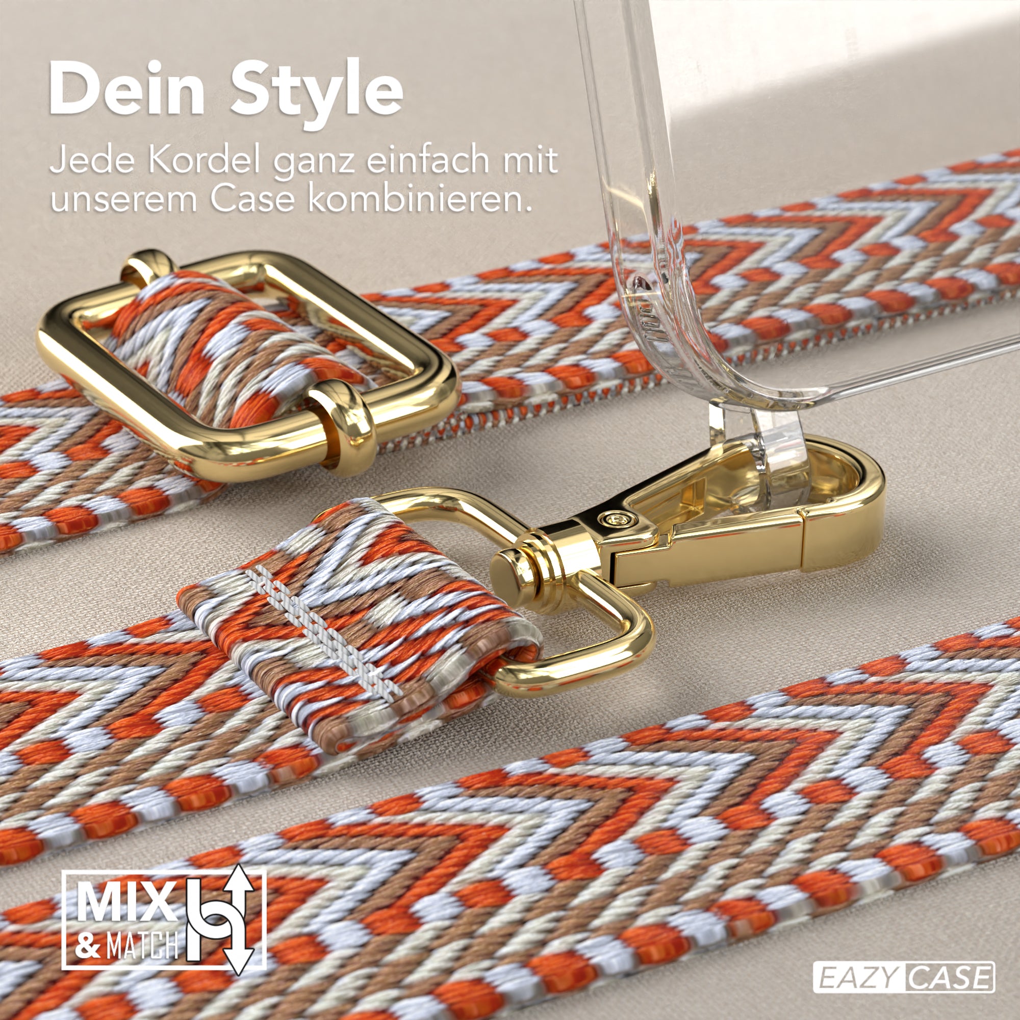 iPhone 15 Handykette mit verstellbarem Boho Band Tragegurt #farbe-band_hellblau-rot_metallfarbe-gold