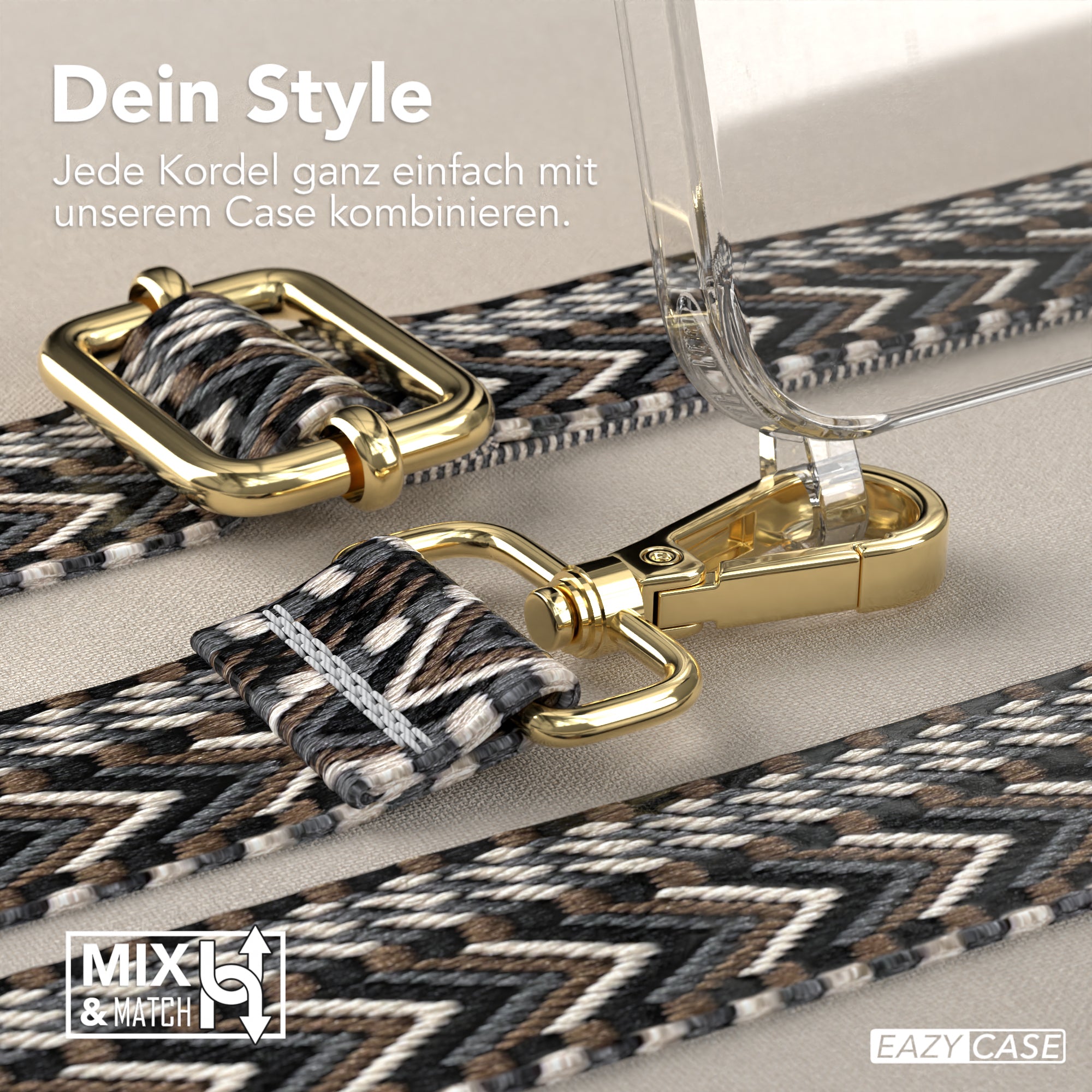 iPhone 15 Handykette mit verstellbarem Boho Band Tragegurt #farbe-band_grau-schwarz_metallfarbe-gold