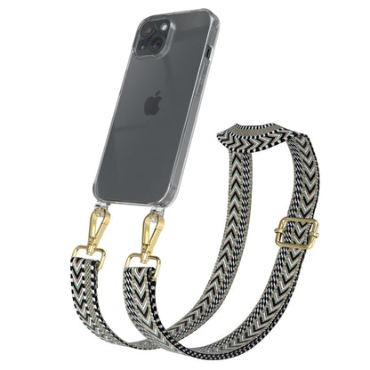 iPhone 15 Handykette mit verstellbarem Boho Band Tragegurt #farbe-band_grun-schwarz_metallfarbe-gold