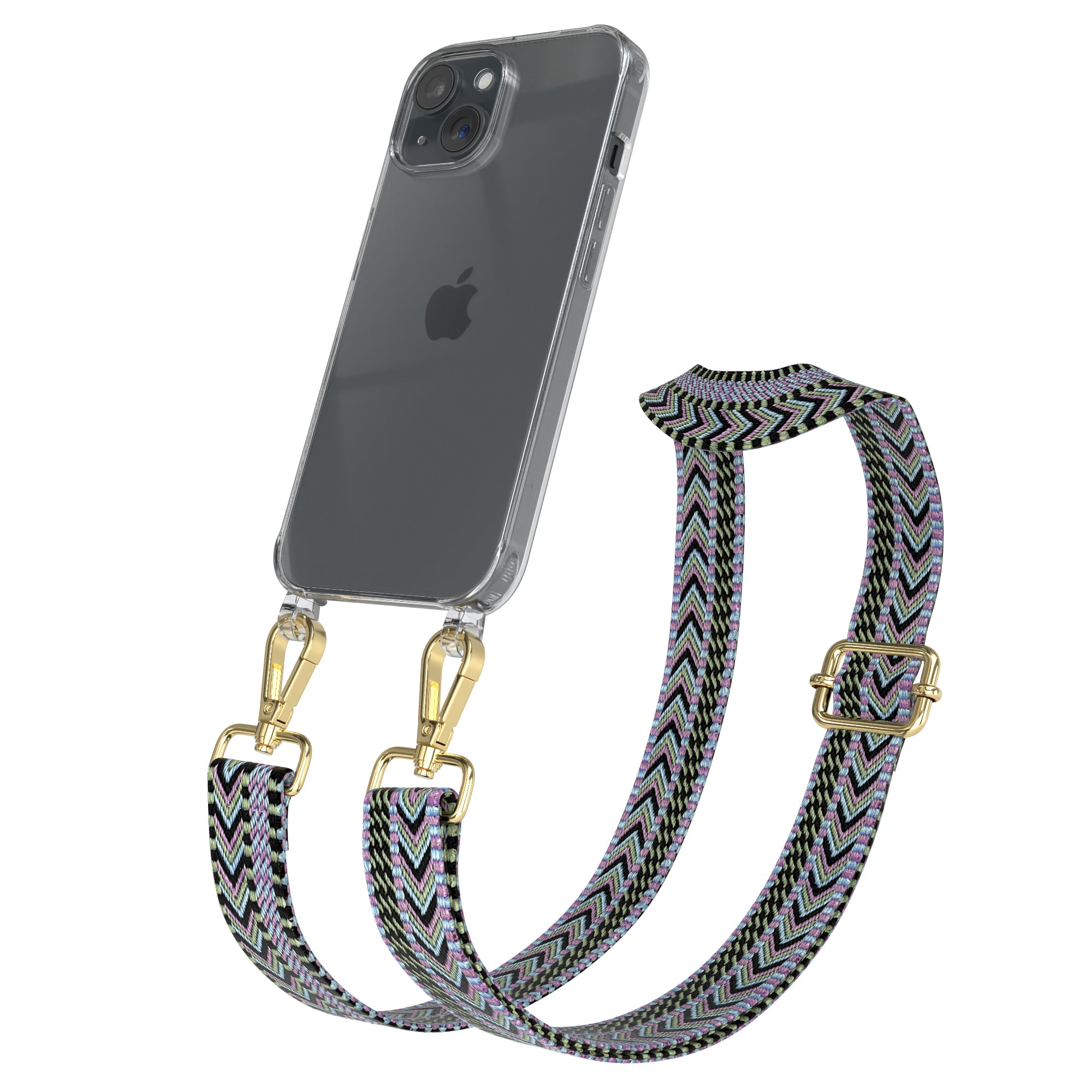 iPhone 15 Handykette mit verstellbarem Boho Band Tragegurt #farbe-band_lila-grun_metallfarbe-gold