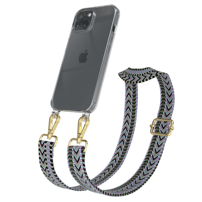 iPhone 15 Handykette mit verstellbarem Boho Band Tragegurt #farbe-band_lila-grun_metallfarbe-gold