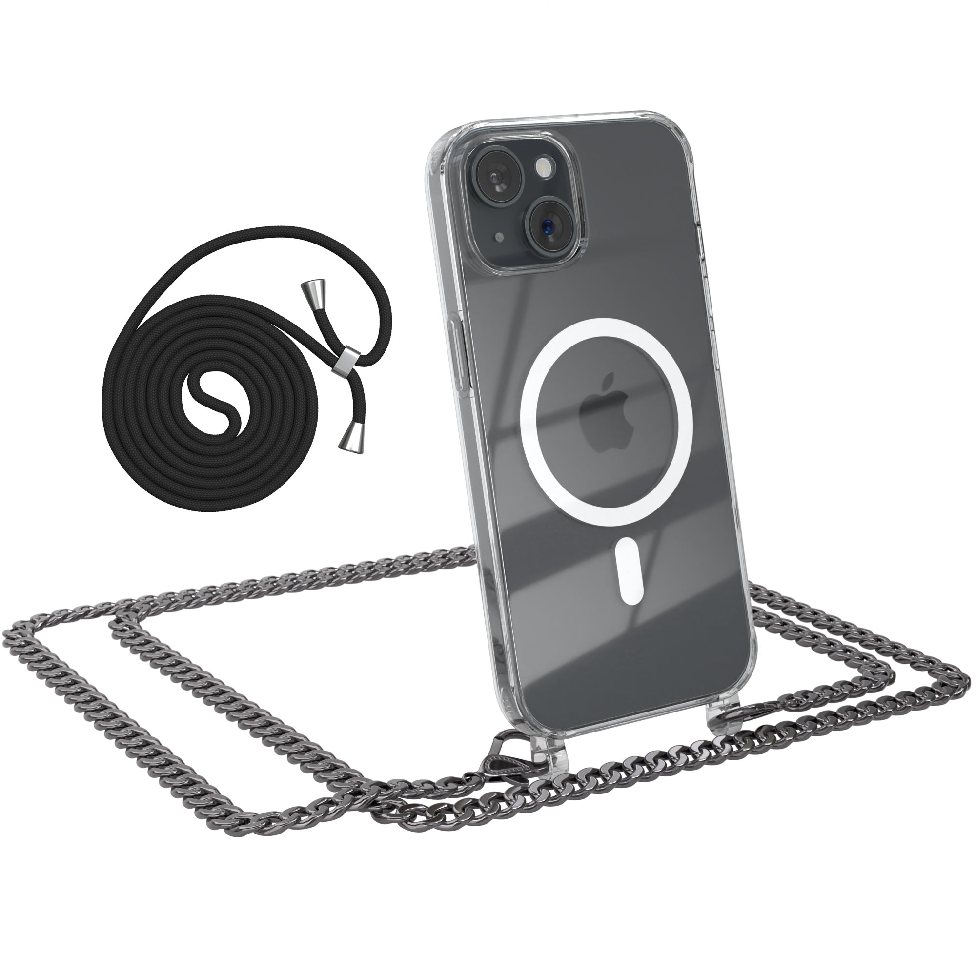 iPhone 15 Hülle mit Metallkette + Schwarze Kordel mit MagSafe