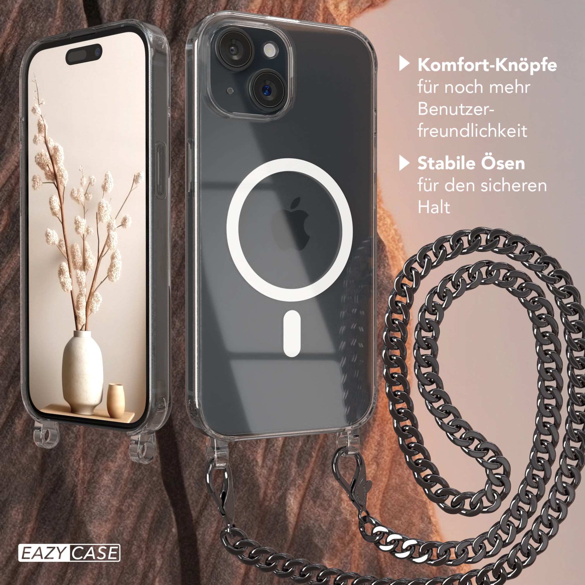 iPhone 15 Hülle mit Metallkette + Schwarze Kordel mit MagSafe
