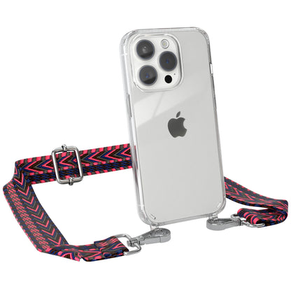 iPhone 15 Pro Handykette mit verstellbarem Boho Band von EAZY CASE #farbe-band_pink-blau_metallfarbe-silber