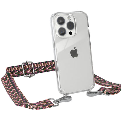 iPhone 15 Pro Handykette mit verstellbarem Boho Band von EAZY CASE #farbe-band_beere-rosa_metallfarbe-silber