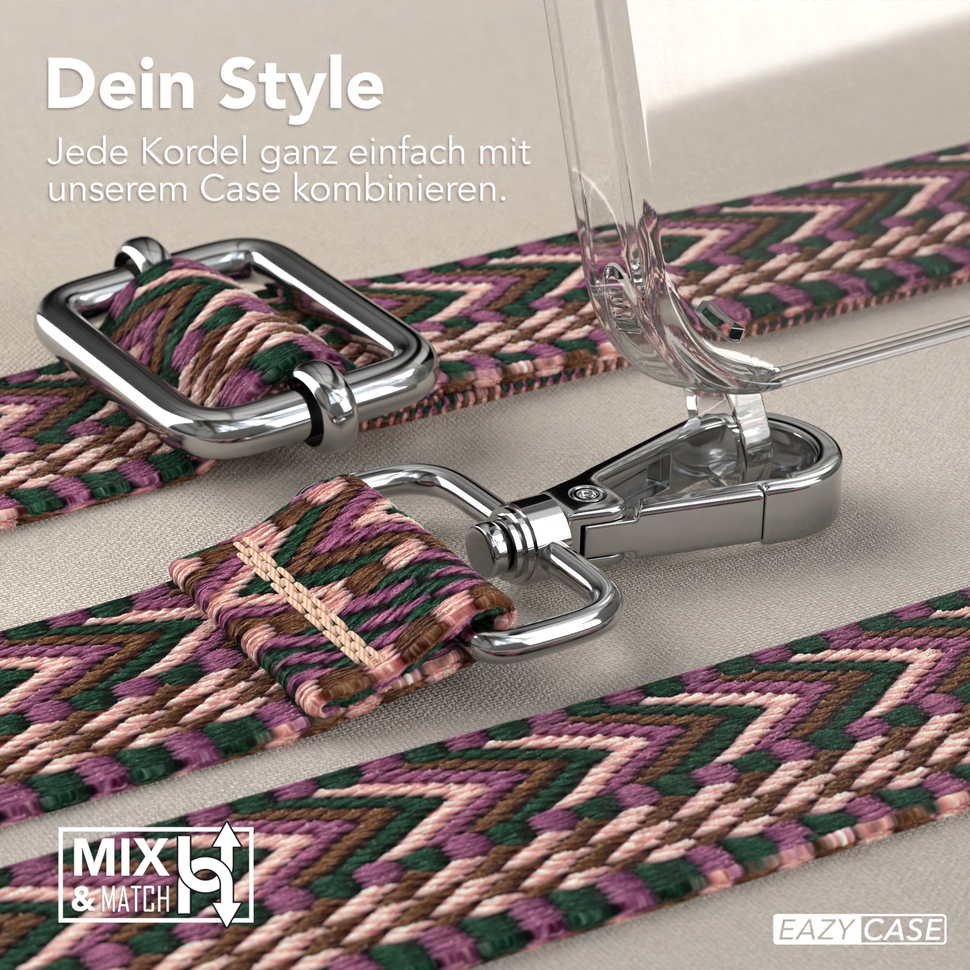 iPhone 15 Pro Handykette mit verstellbarem Boho Band von EAZY CASE #farbe-band_beere-rosa_metallfarbe-silber