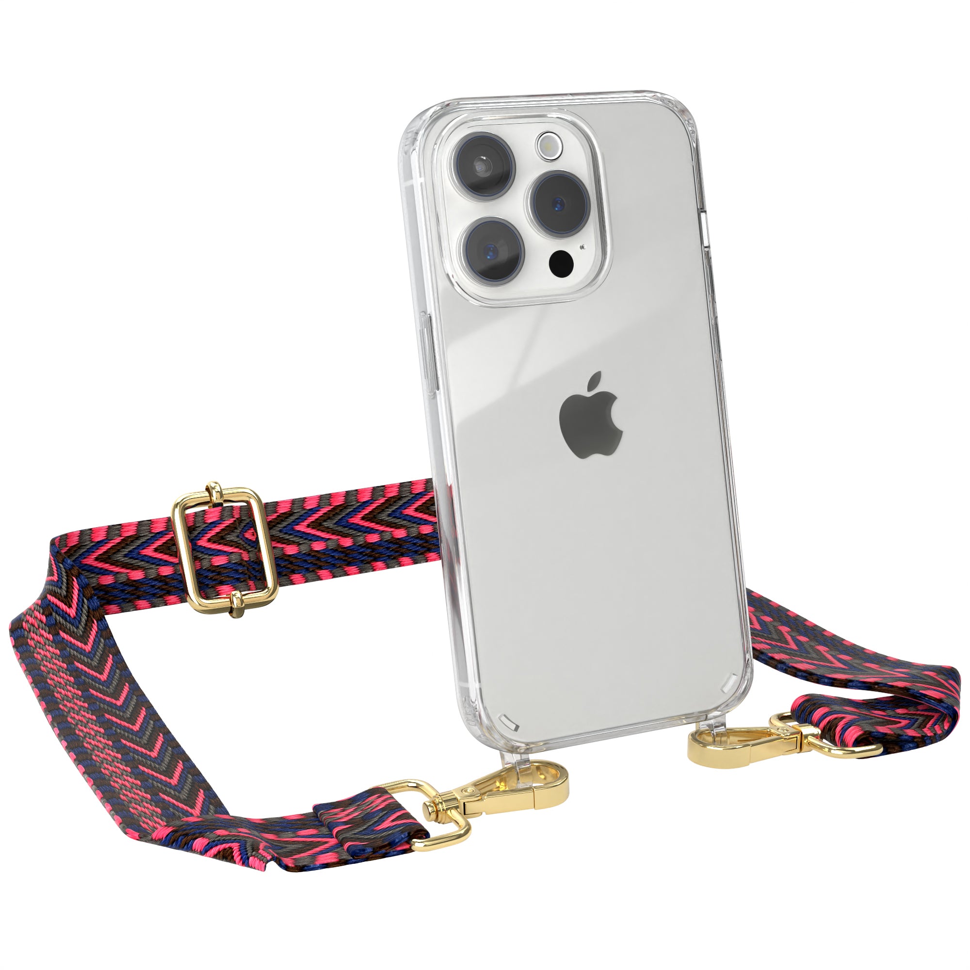 iPhone 15 Pro Handykette mit verstellbarem Boho Band von EAZY CASE #farbe-band_pink-blau_metallfarbe-gold
