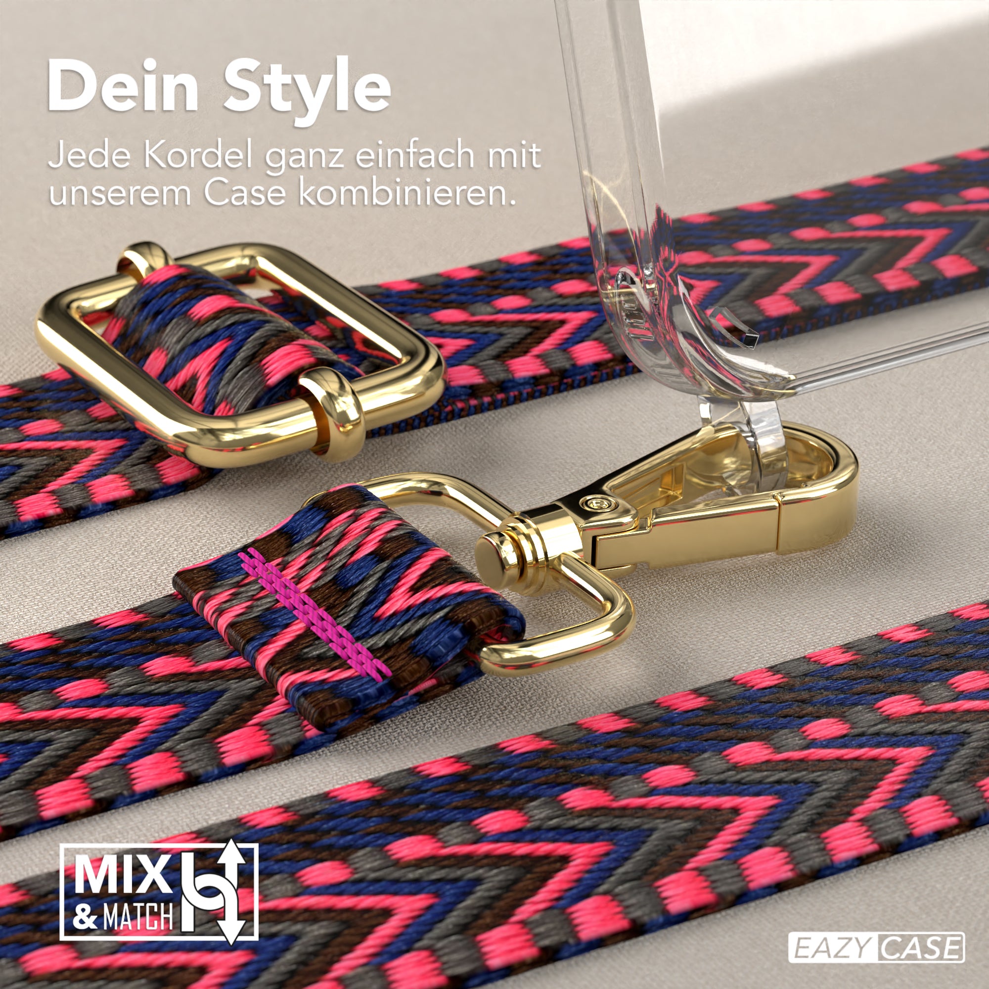 iPhone 15 Pro Handykette mit verstellbarem Boho Band von EAZY CASE #farbe-band_pink-blau_metallfarbe-gold