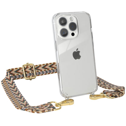 iPhone 15 Pro Handykette mit verstellbarem Boho Band von EAZY CASE #farbe-band_hellbraun-braun_metallfarbe-gold