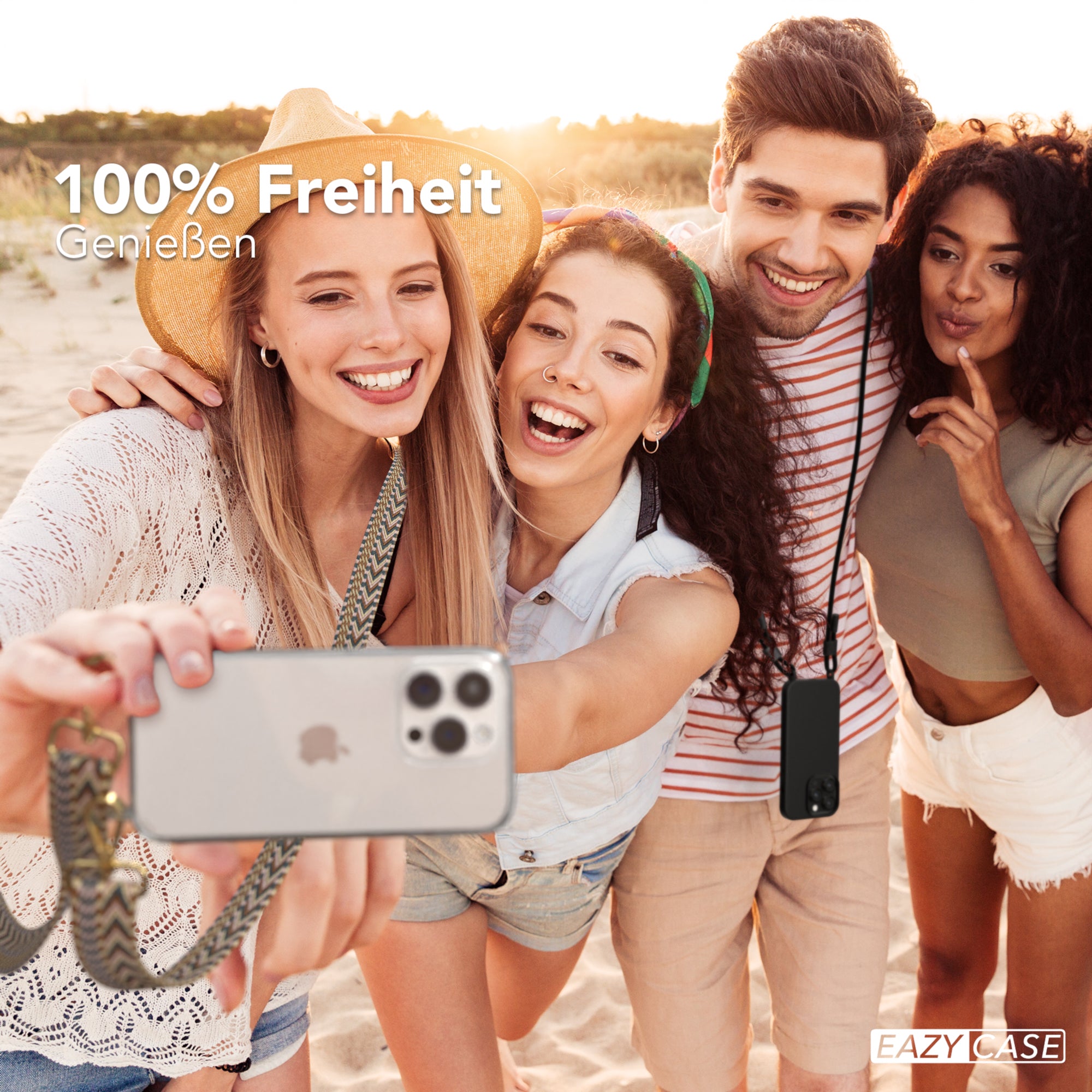 iPhone 15 Pro Handykette mit verstellbarem Boho Band von EAZY CASE #farbe-band_hellbraun-braun_metallfarbe-gold