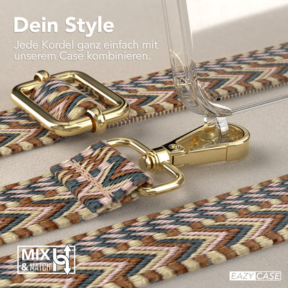 iPhone 15 Pro Handykette mit verstellbarem Boho Band von EAZY CASE #farbe-band_hellbraun-braun_metallfarbe-gold
